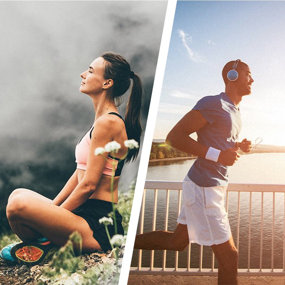 Split image of a woman doing yoga and a man jogging.
